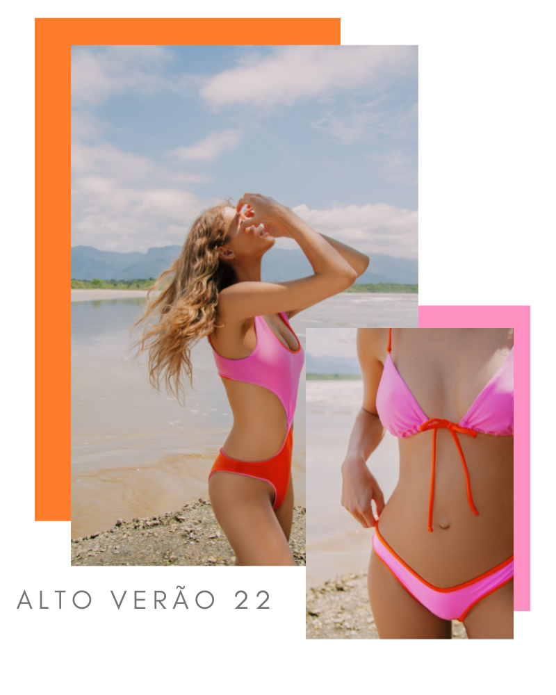 modelo com peças do alto verão, biquíni bicolor rosa e laranja neon